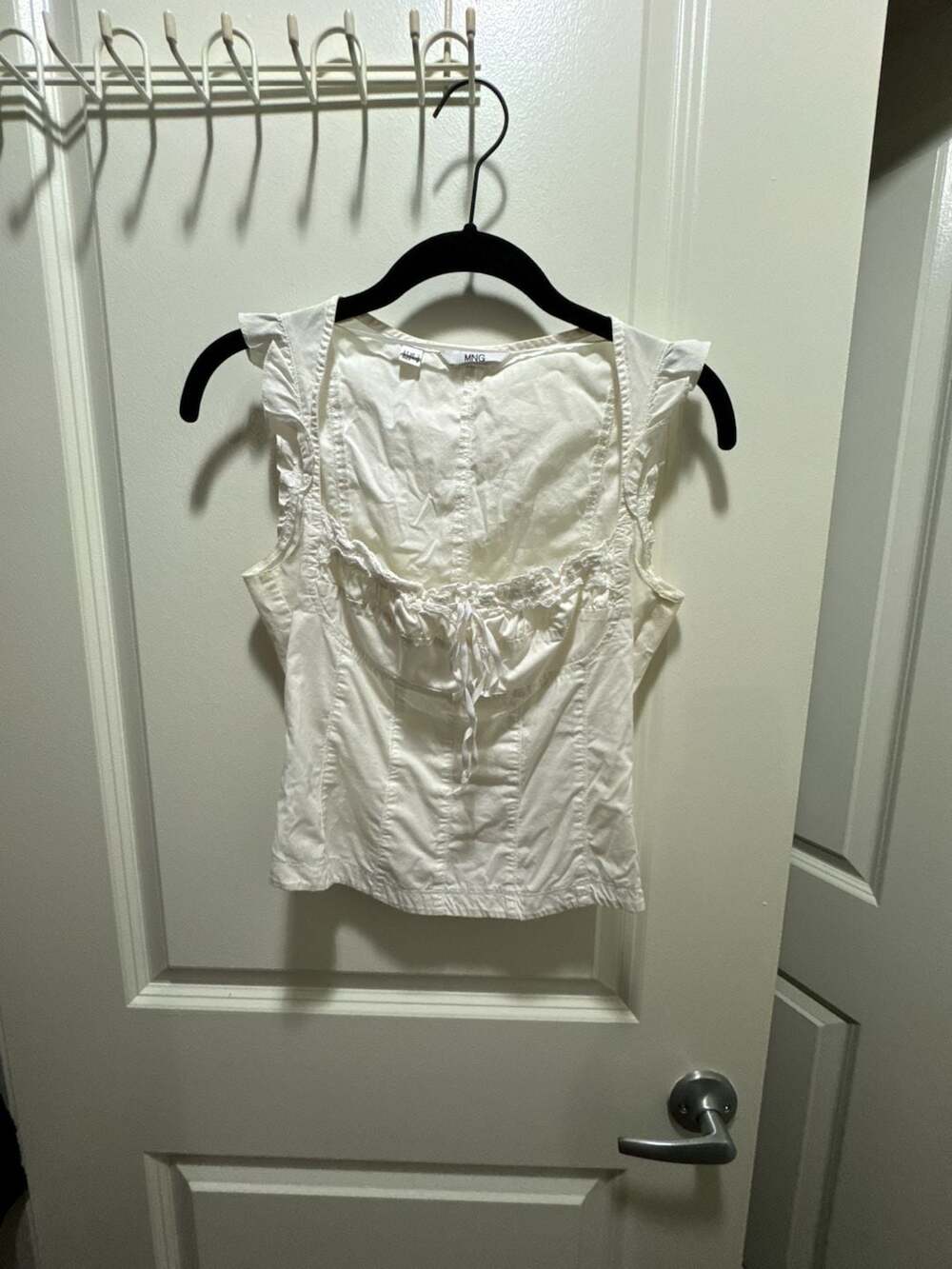 MNG White Ruffle Strap Corset Top with Drawstring
